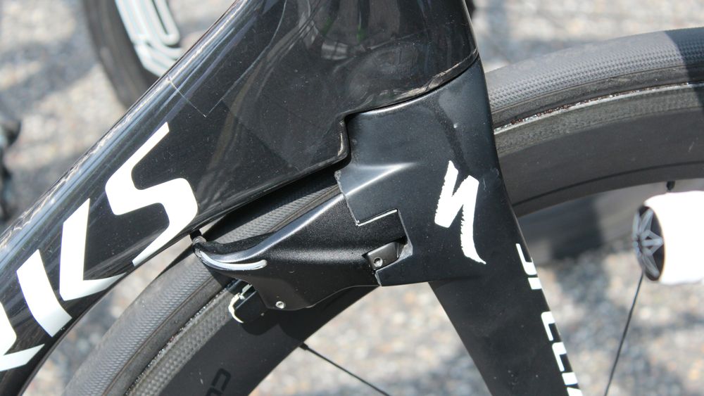 Specialized engineers had to add a little width to the brake calipers to stay within the UCI's 3:1 length-to-width rule