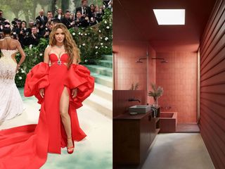 shakira and an all red bathroom