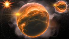An illustration of double hot Jupiters orbiting a distant star
