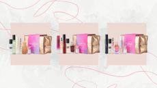 Trio of images of the Space NK Scent Edits on a white marble background with pink swirls and boxes