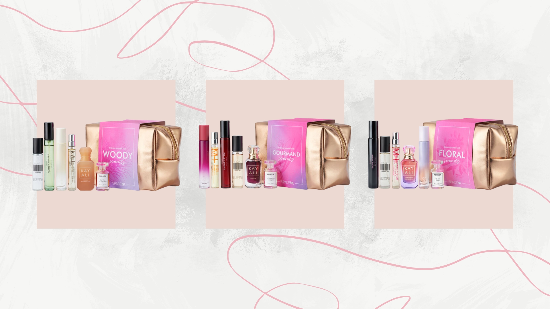 Trio of images of the Space NK Scent Edits on a white marble background with pink swirls and boxes