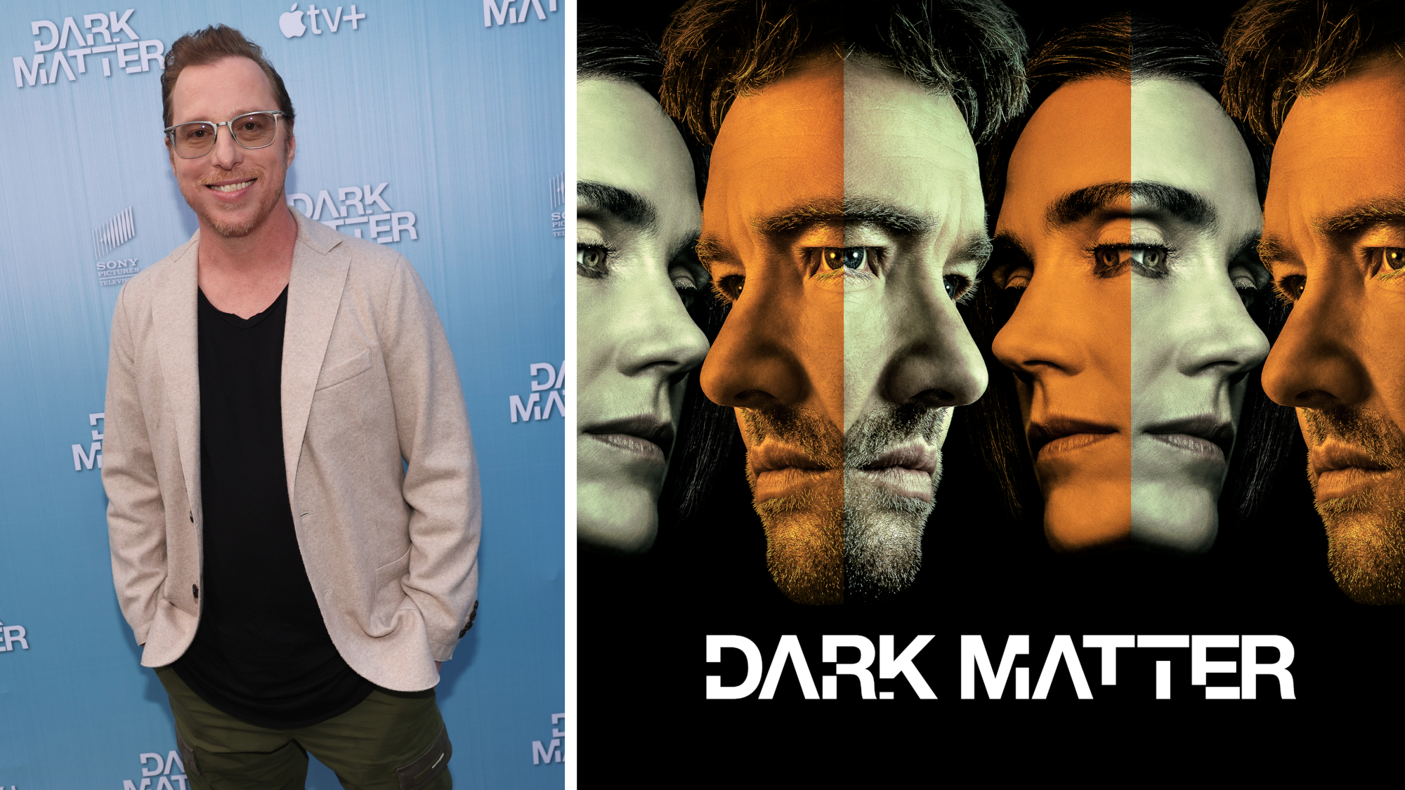 Split image showing "Dark Matter" author Blake Crouch (L) and promo art for the show (R).