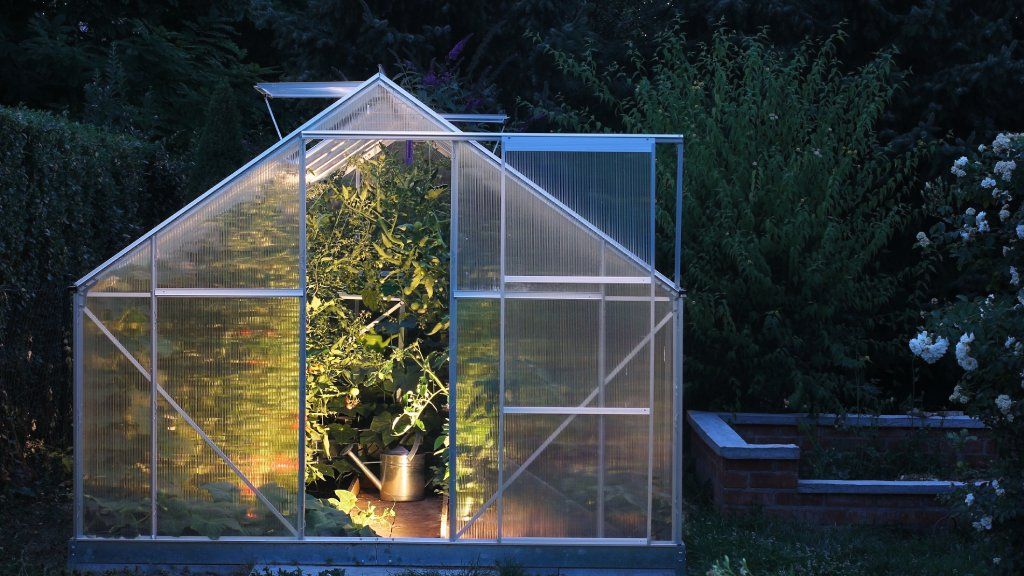 A greenhouse lit up at night