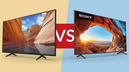 Sony X80J vs Sony X85J TVs on coloured background