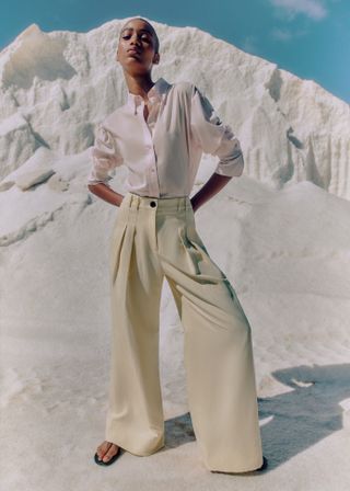 Linen-Blend Pleated Wide-Leg Pant