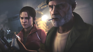 Bill, a grizzled soldier from Valve's Left 4 Dead, offers Zoey a cigarette amidst gloomy environs.