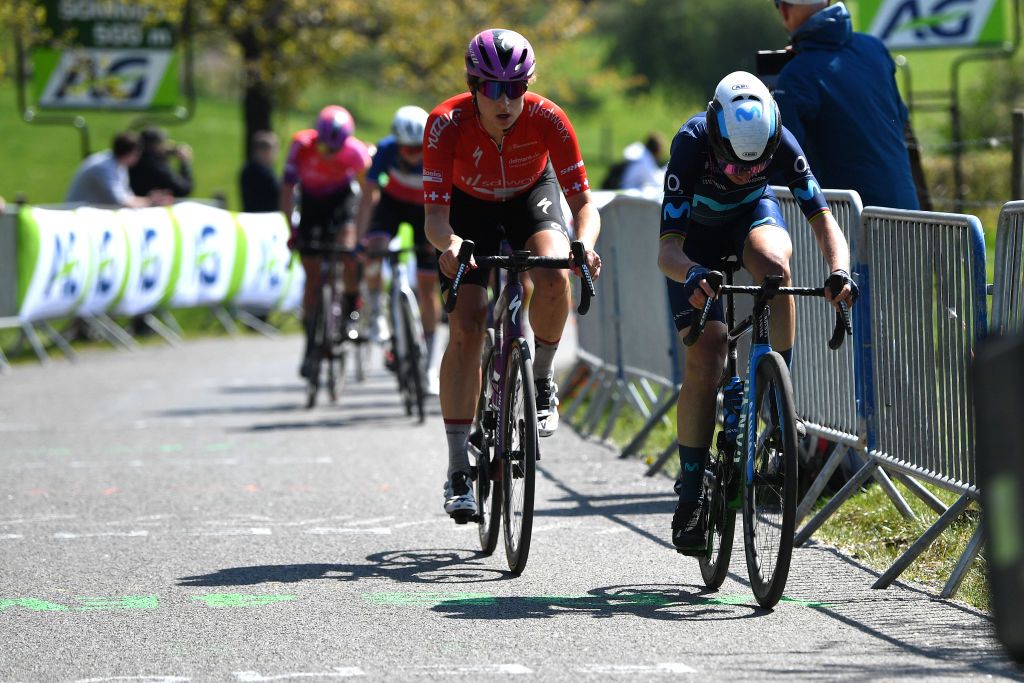 LIEGE BELGIUM APRIL 24 LR Marlen Reusser of Switzerland and Team SD Worx and Annemiek Van Vleuten of Netherlands and Movistar Team Women attack during the 6th Liege Bastogne Liege 2022 Femmes a 1421km one day race from Bastogne to Lige LBL LBLwomen UCIWWT on April 24 2022 in Liege Belgium Photo by Luc ClaessenGetty Images