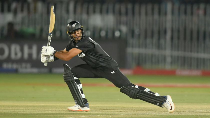 Rachin Ravindra of New Zealand plays a shot during an ICC Champions Trophy 2025 match in February.