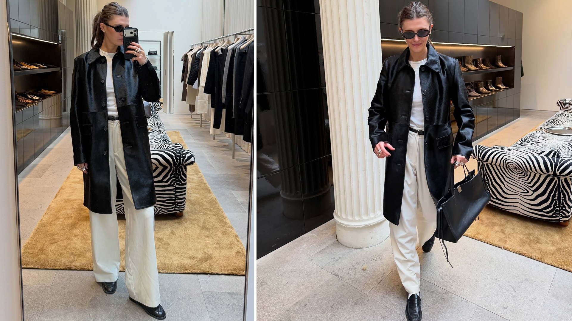 collage of two shots of NYC style influencer Coco Schiffer, one posing for a mirror selfie and one walking in a store wearing black oval sunglasses, a black collared leather coat, white T-shirt, a black belt, cream trousers, and black ruched loafers