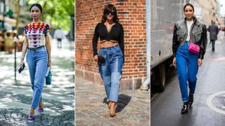 Three women wearing mom jeans to illustrate the types of jeans for women