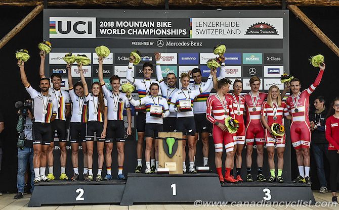 The team relay podium, with winners Switzerland, second-placed Germany and bronze medallists Denmark
