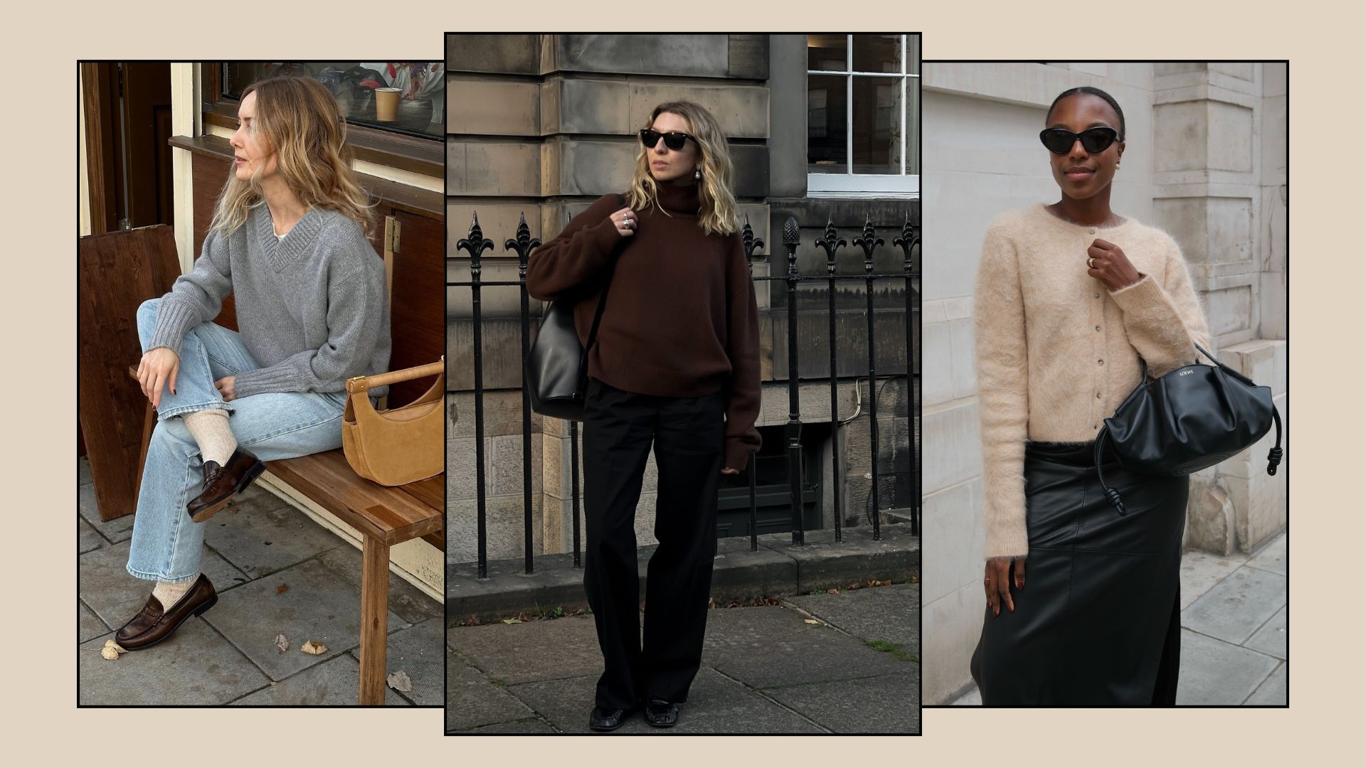 Three women wearing small knitwear brands. 