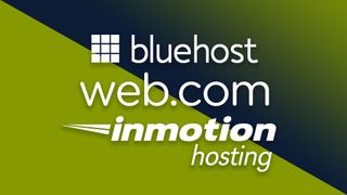 Best website design services: Bluehost, Web.com and InMotion Hosting logos on a blue and yellow background