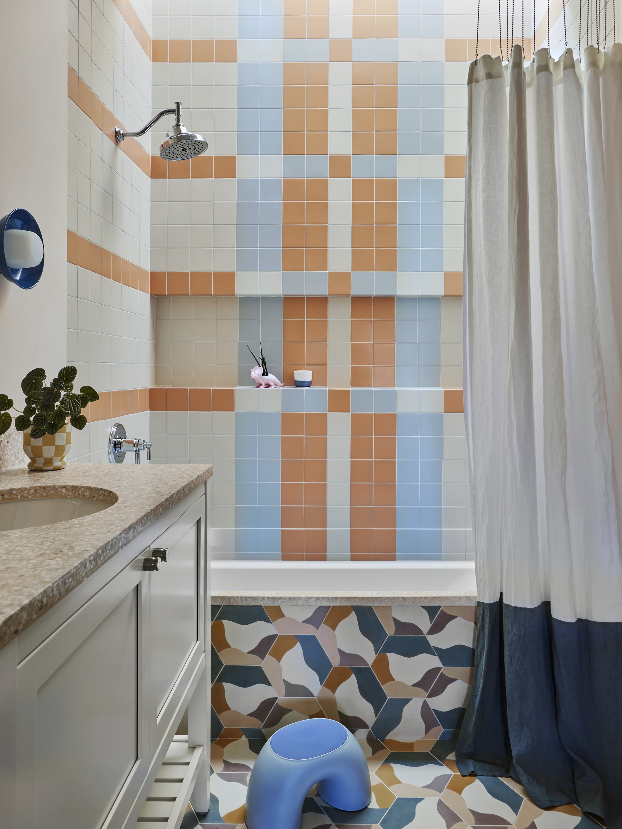 a bathroom with blue and orange checkered tiles and a colorful tile bathroom floor