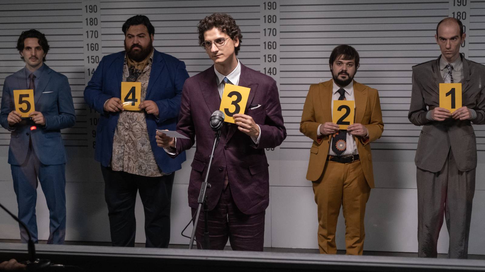A police line-up from Netflix's Fantasy Football Ruined Our Lives.