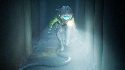 Cel crouches through a small tunnel in the dark in End of Abyss, cropped for a header