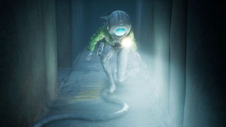 Cel crouches through a small tunnel in the dark in End of Abyss, cropped for a header