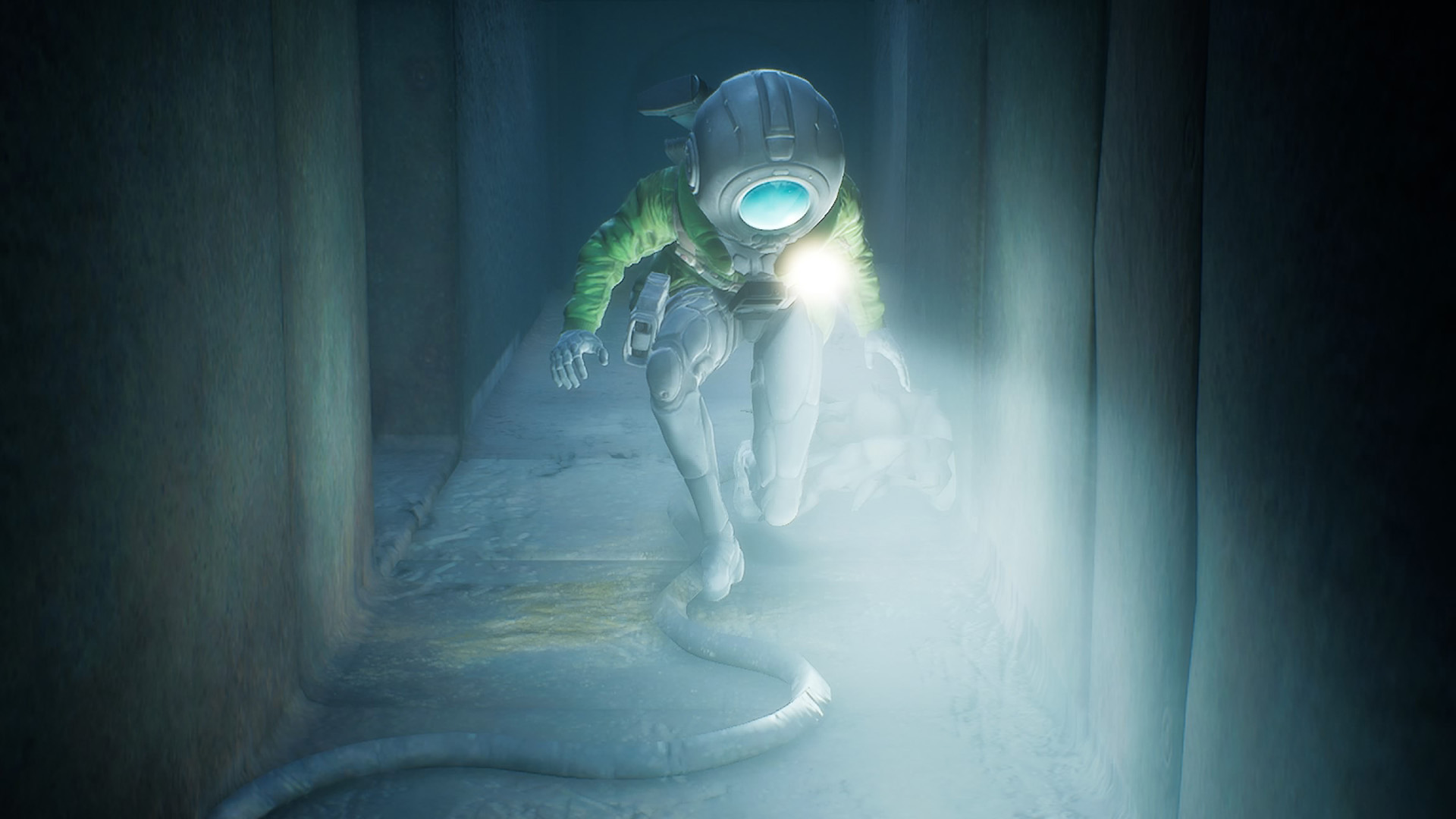 Cel crouches through a small tunnel in the dark in End of Abyss, cropped for a header