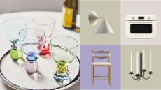 collage of colorful glassware on table, wall sconce, smeg countertop oven, counter stool, and candelabra