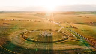 Summer Solstice 2023: An aerial view of Stonehenge at sunrise.