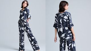 composite of model wearing Etsy Modern Kate Pajamas