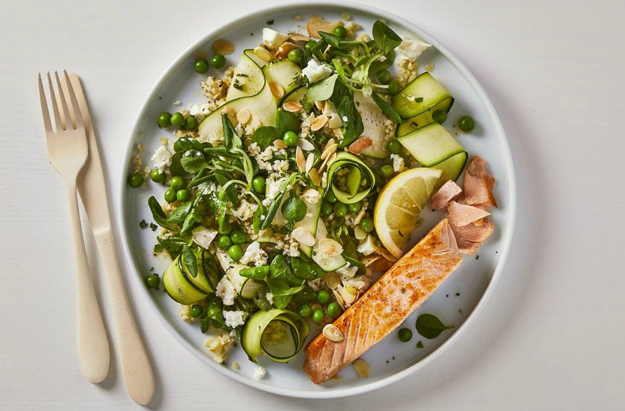 Gousto&#039;s salmon with courgette ribbon and feta salad