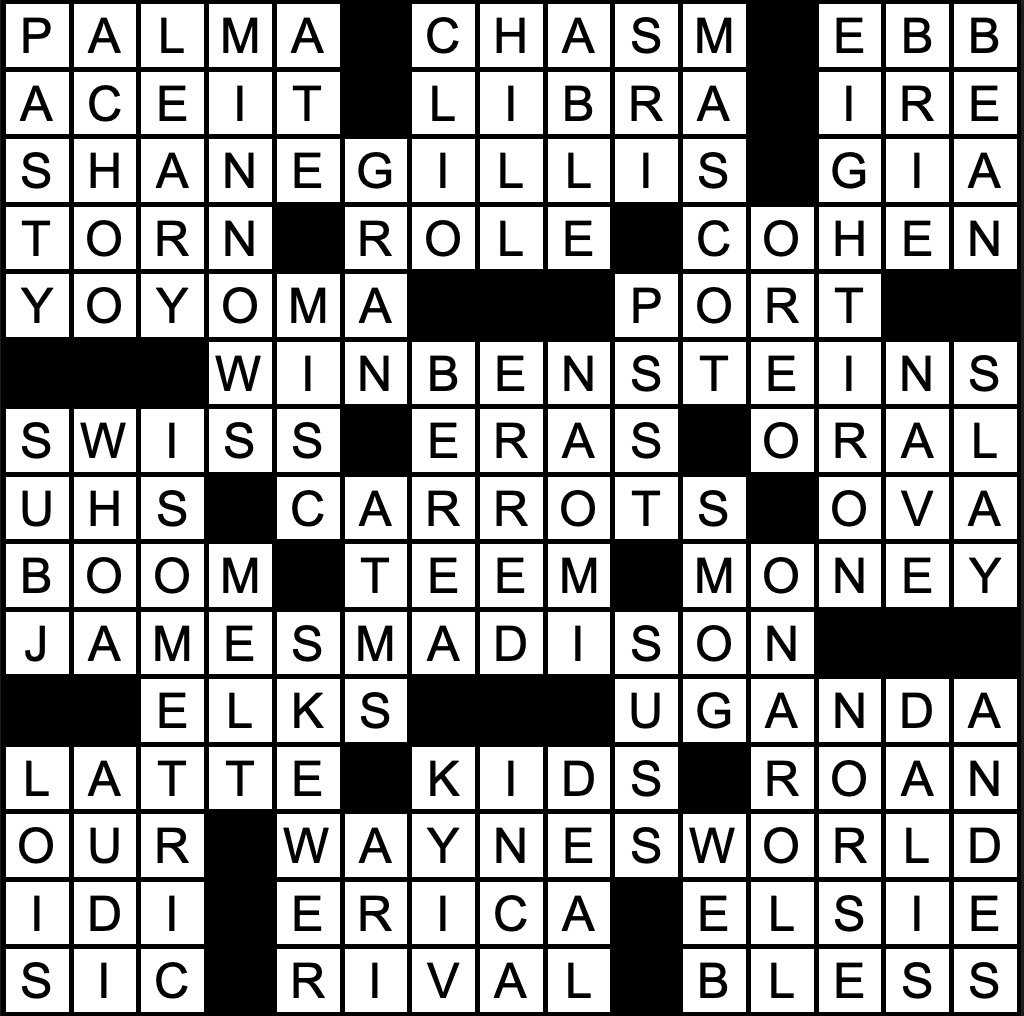 A solved crossword puzzle.