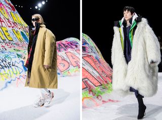 Left, model wears a giant Harrington jacket with multiple layers, she also wears white and orange sneakers. Right, model wears a giant white marabou coat with black high heels