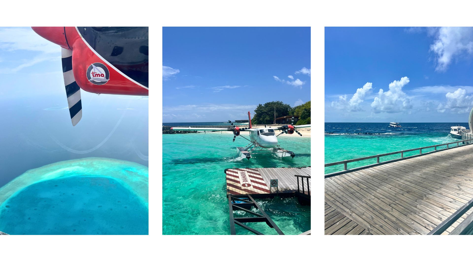 seaplane and view from seaplane and arrival on jetty at The Westin Maldives Miriandhoo