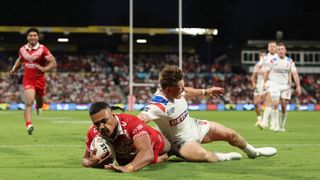 Tonga's Haumole Olakau'atu scoring a try against England at Rugby League World Cup 2026