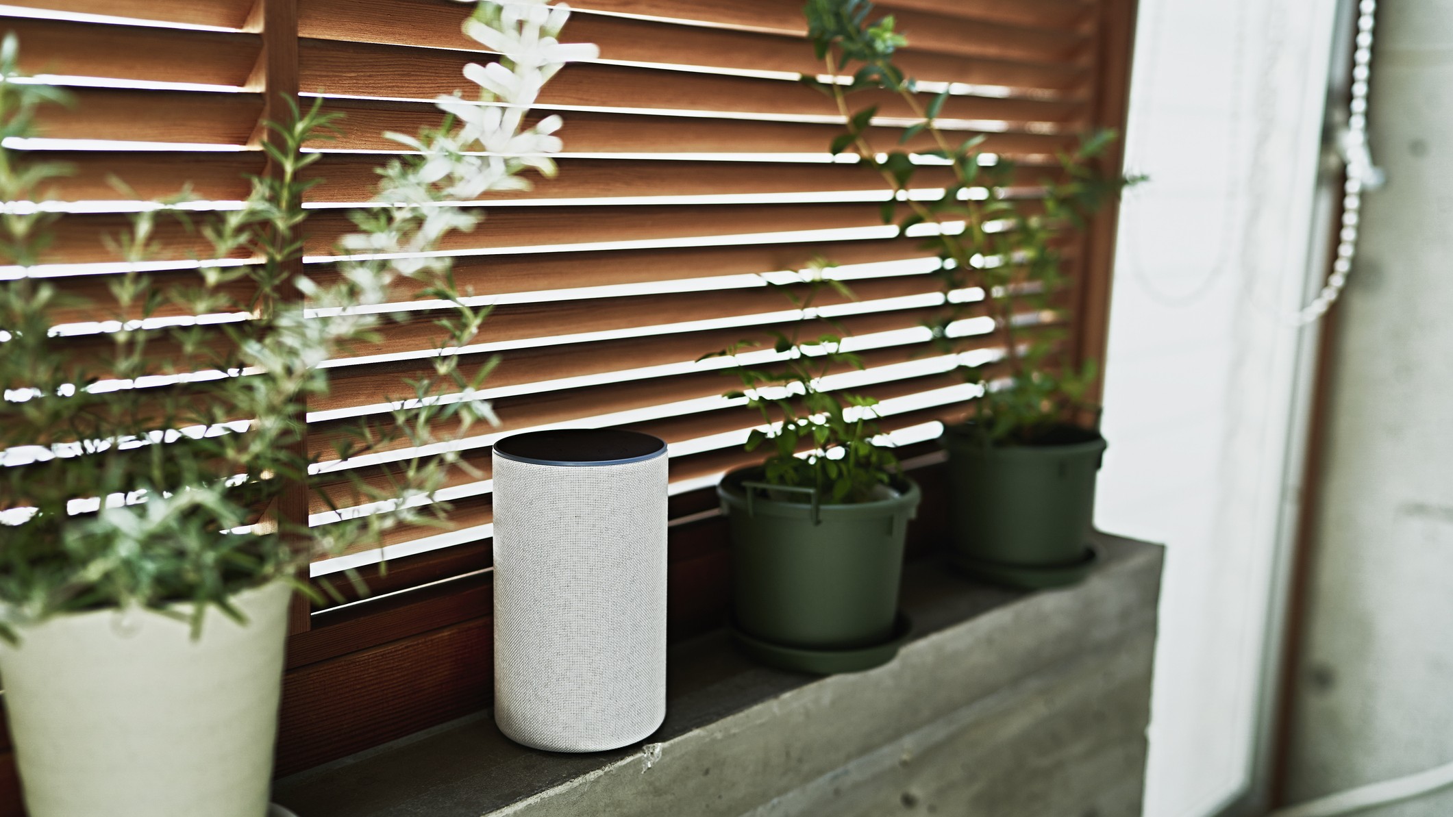 Smart speaker on windowsill in front of blinds