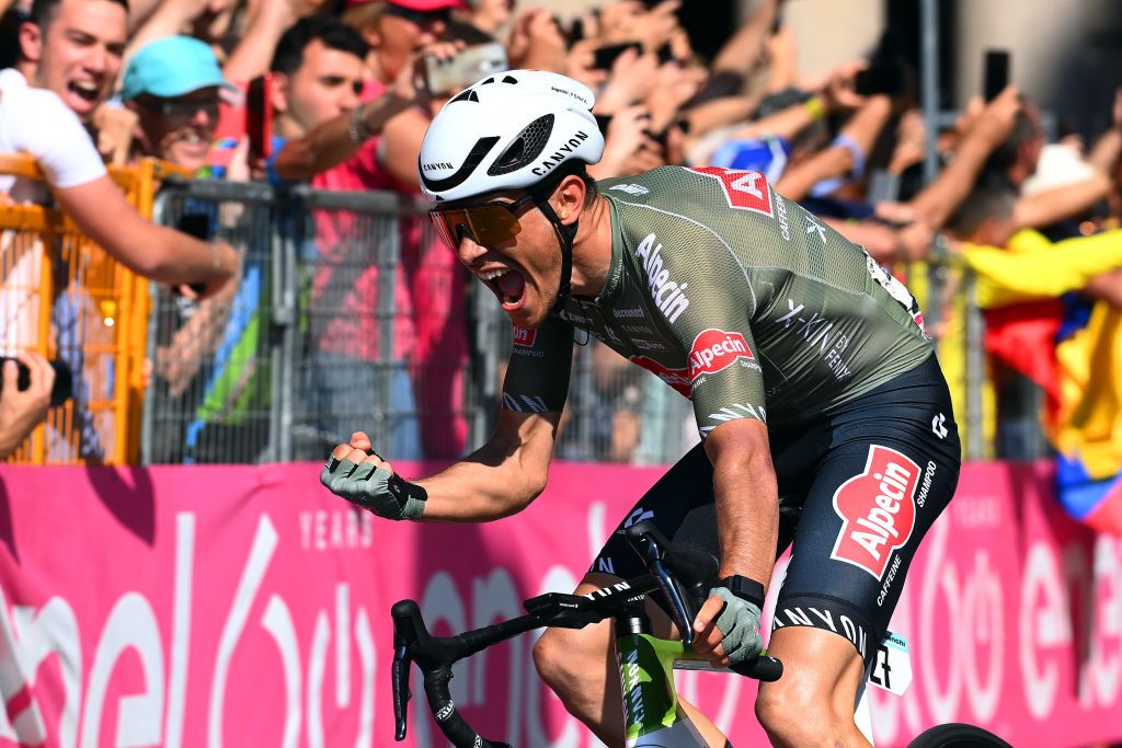 GENOA ITALY MAY 19 Stefano Oldani of Italy and Team Alpecin Fenix celebrates winning during the 105th Giro dItalia 2022 Stage 12 a 204km stage from Parma to Genova Giro WorldTour on May 19 2022 in Genoa Italy Photo by Tim de WaeleGetty Images