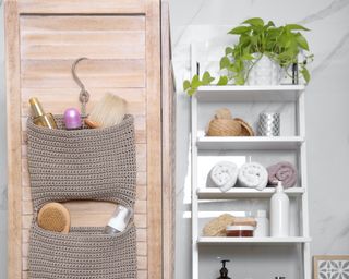bathroom door with storage next to a ladder shelf with more items