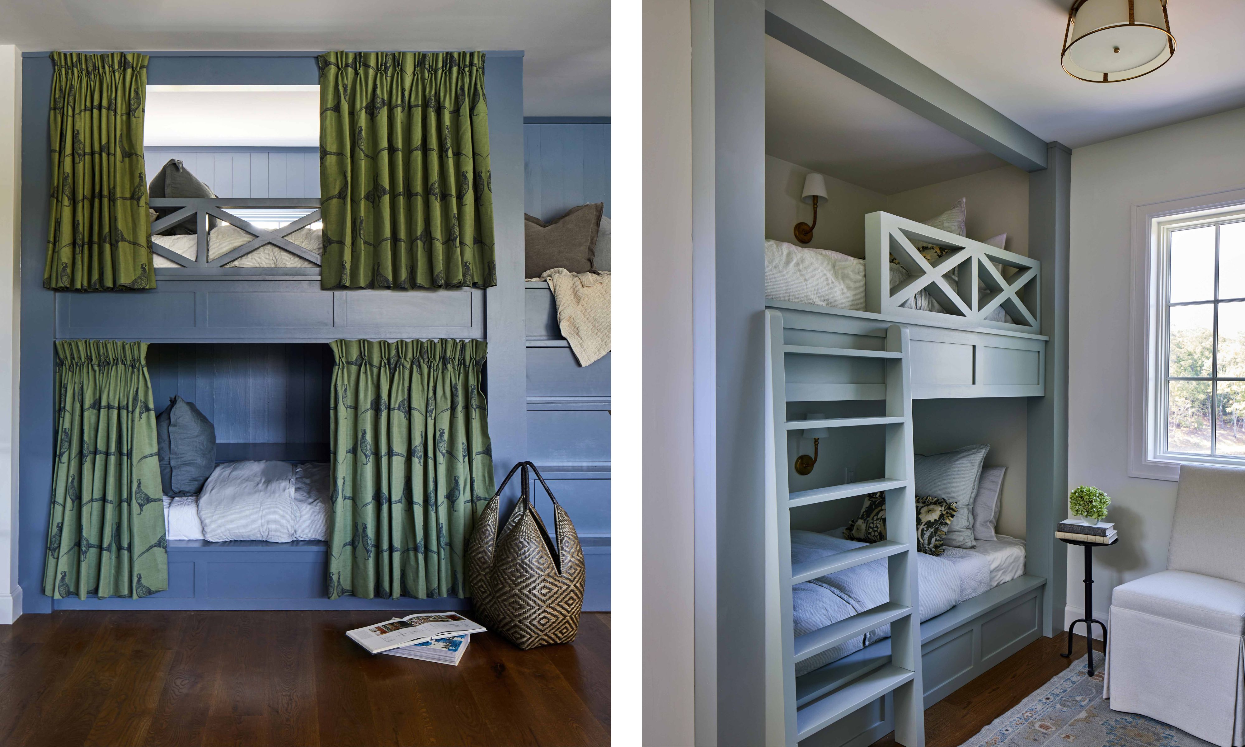 two shots next to each other of two different bunk rooms. On the left, a dark blue bunk bed with green curtains, on the right, a paler blue bunk bed with no curtains