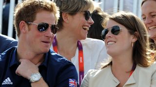 Prince Harry, and Princess Eugenie watch the Eventing Cross Country Equestrian event on Day 3 of the London 2012 Olympic Games at Greenwich Park on July 30, 2012 in London, England.