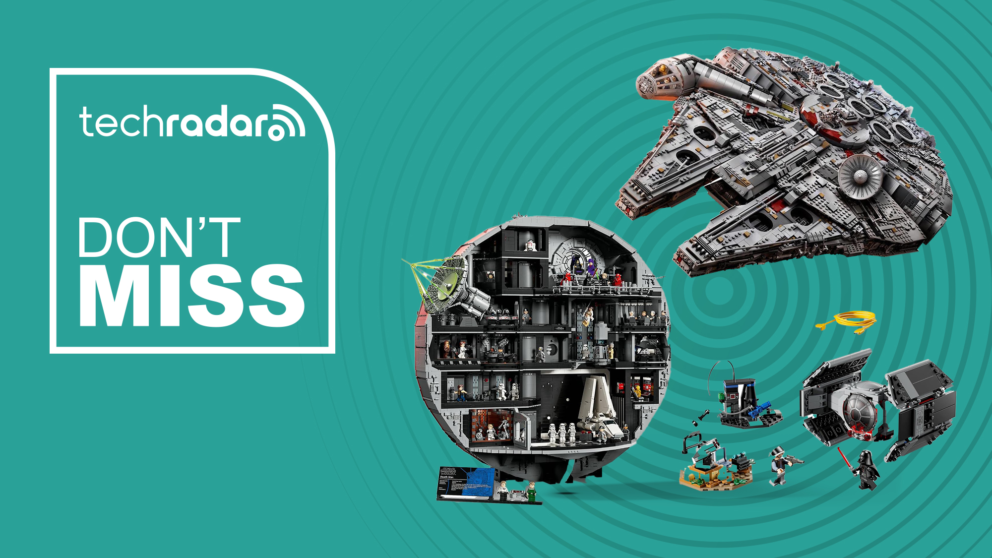 Lego Star Wars sets on a cyan background for a deal article