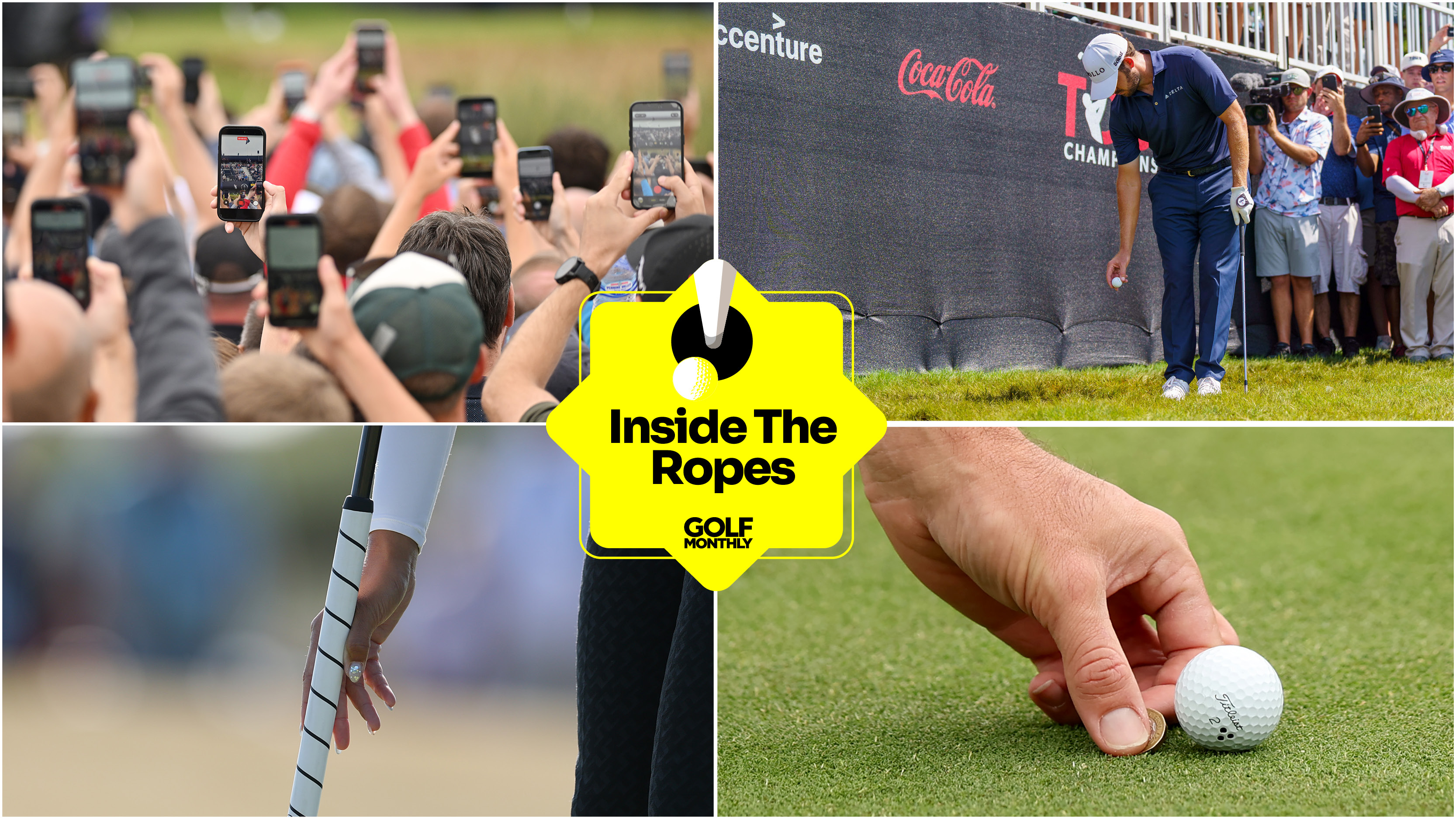 A view of golf fans' holding their phones up, Patrick Cantlay taking a drop, a golfer holding a broomstick putter and marking their ball on the green, with a yellow Inside The Ropes sticker centered