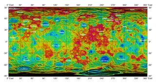 A color-coded map from NASA's Dawn mission reveals the surface topography of dwarf planet Ceres. Image released Sept. 30, 2015.