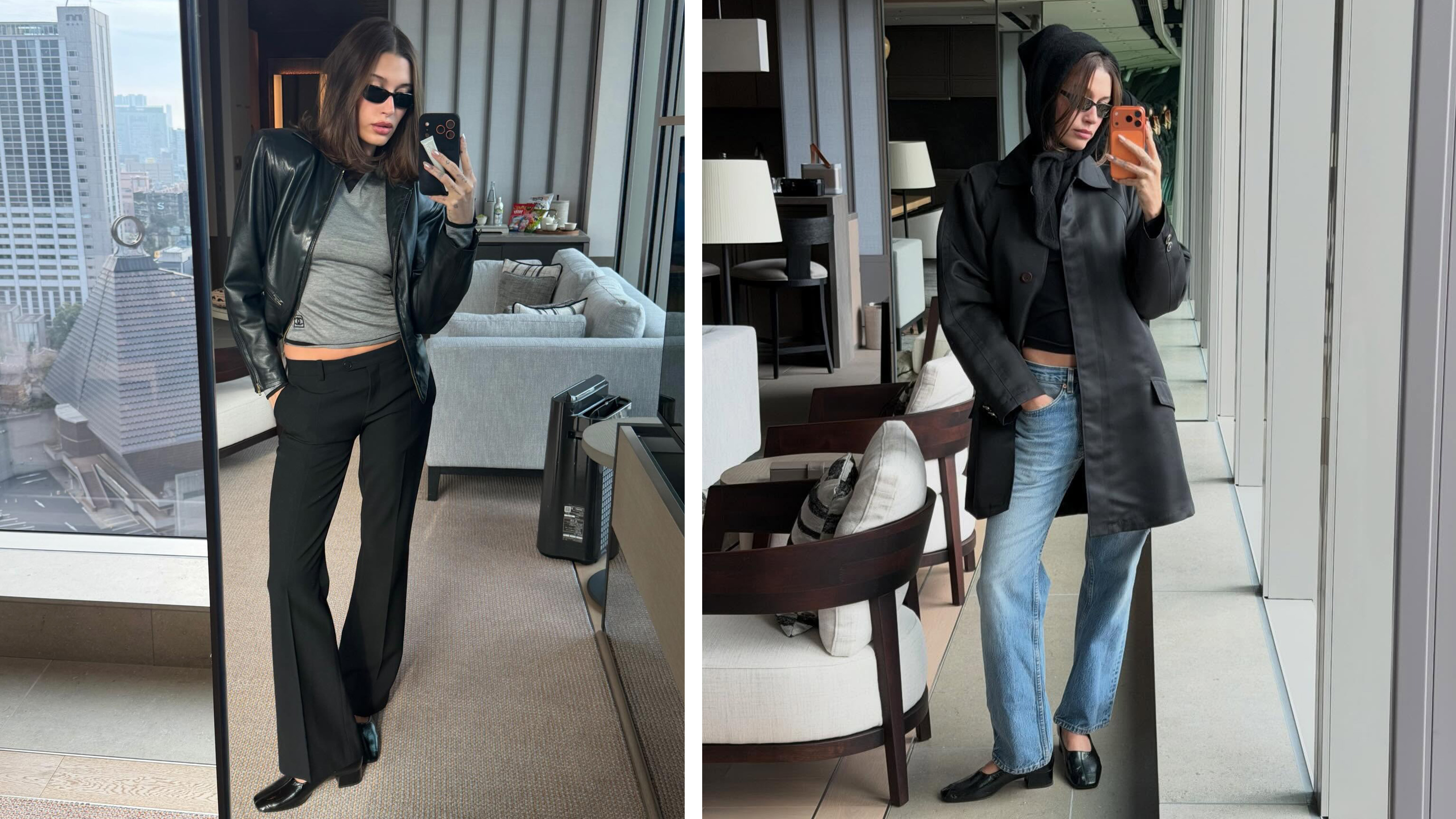 Collage of Hailey Bieber wearing Reformation's Inez Pumps with pants.