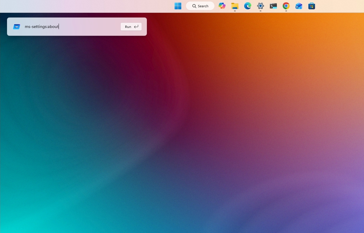 Computer screen showing a blurred gradient background in teal, purple, and orange. Modern Run dialog at the top left displays "ms-settings:about."