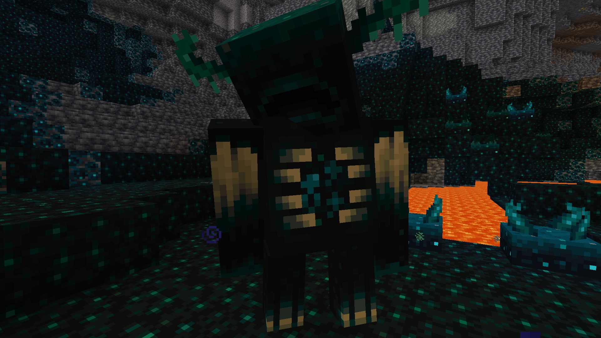 Minecraft - Parlayan deniz mavisi kalbi, büyük gövdesi ve antenleriyle bir Muhafız çetesi, lavlarla çevrili Derin Karanlık bir biyomda duruyor