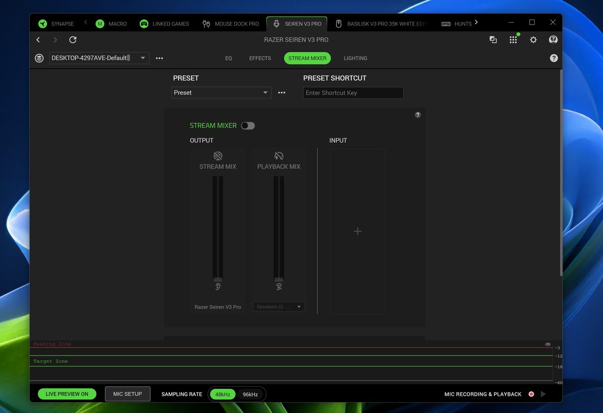Screenshot of the Razer Synapse software on Windows, showing the Stream Mixer tab configuration for the Seiren V3 Pro microphone.