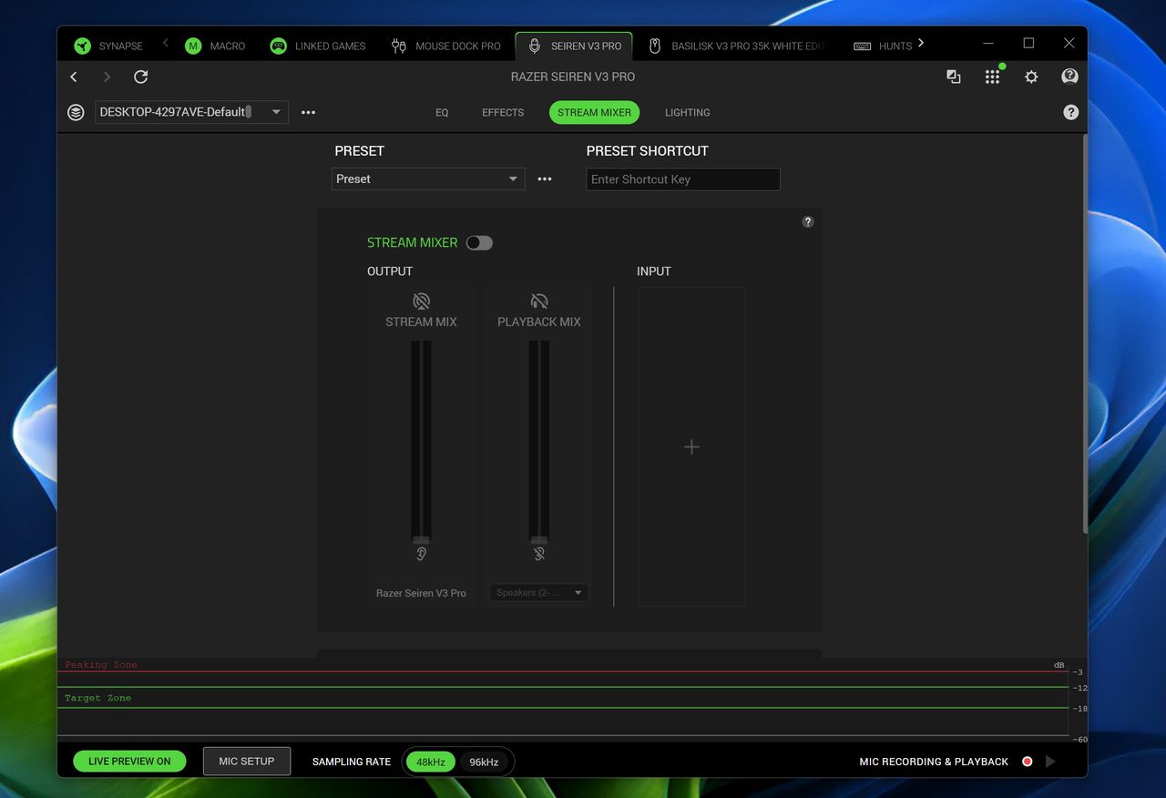 Screenshot of the Razer Synapse software on Windows, showing the Stream Mixer tab configuration for the Seiren V3 Pro microphone.