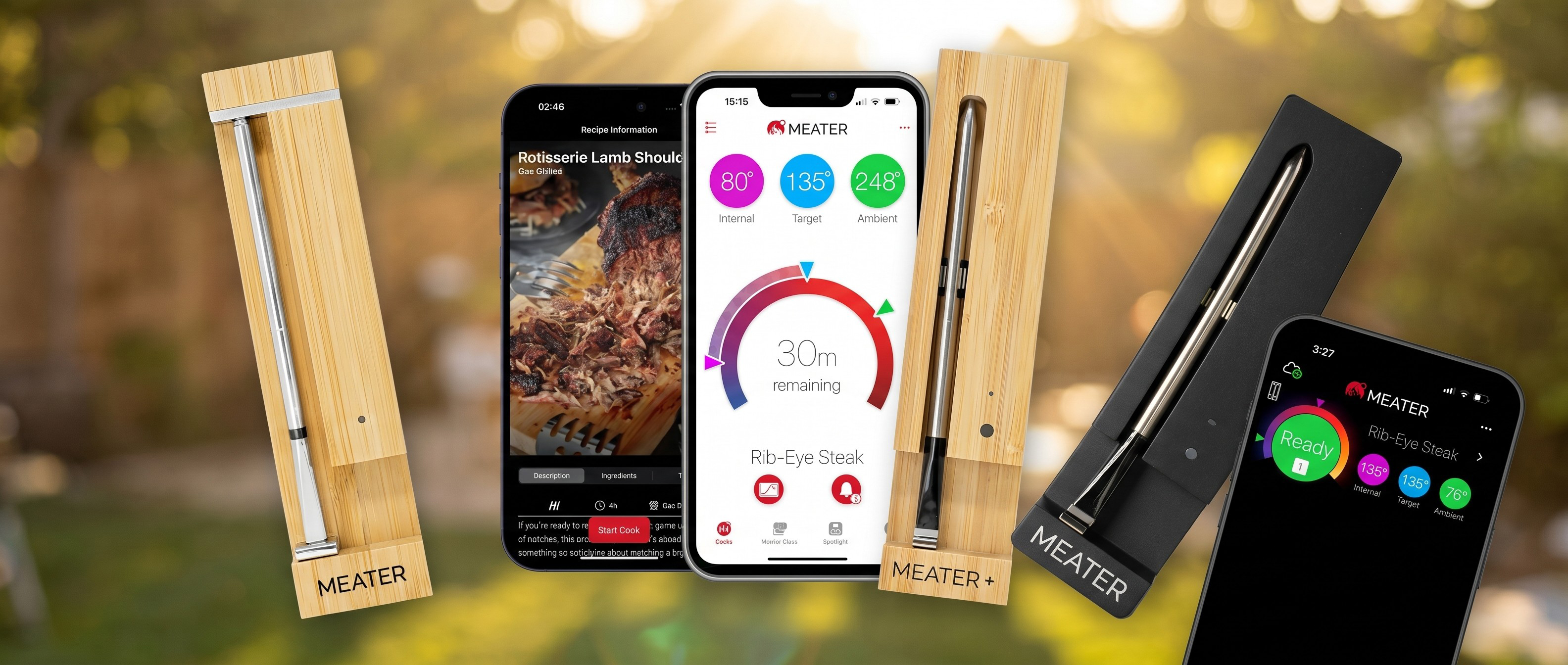 Meater smart thermometers and phone app, against a sunny backyard background