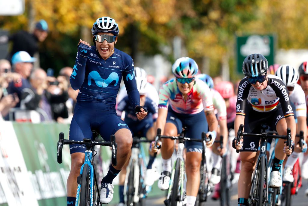 LAUSANNE SWITZERLAND OCTOBER 07 Arlenis Sierra Caadilla of Cuba and Movistar Team Women celebrates at finish line as stage winner during the 1st Tour de Romandie Feminin 2022 Stage 1 a 1344km stage from Lausanne to Lausanne TDRwomen TDRF on October 07 2022 in Lausanne Switzerland Photo by Bas CzerwinskiGetty Images