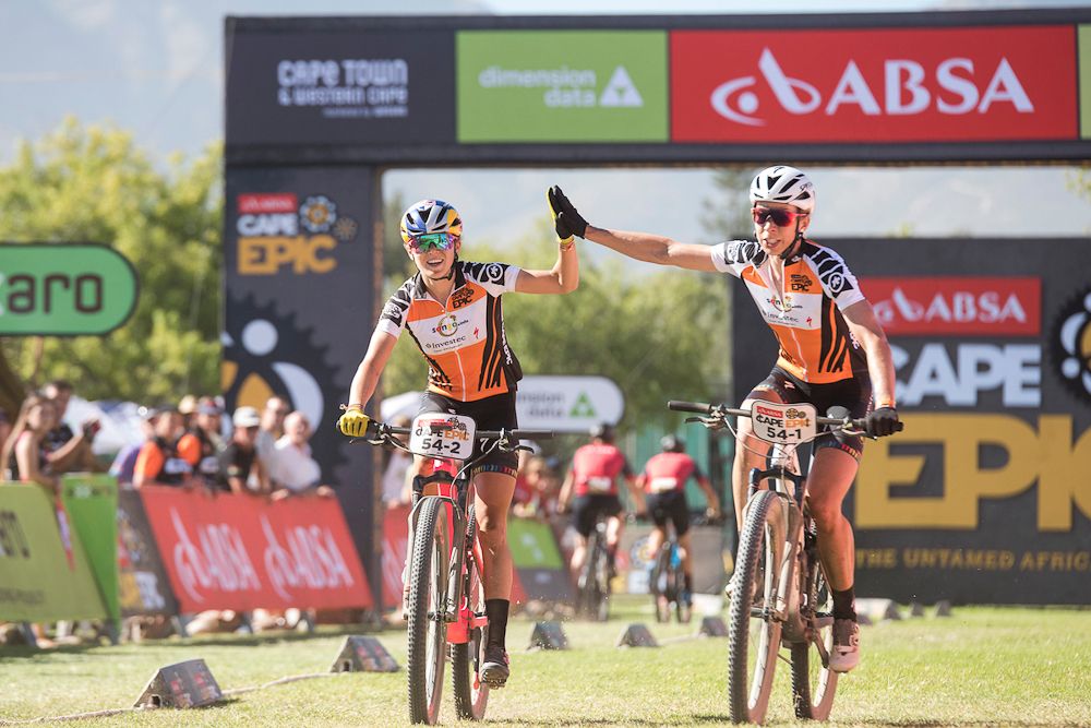 Annika Langvad and Kate Courtney (Investec Songo Specialized) finish stage 5 at Cape Epic