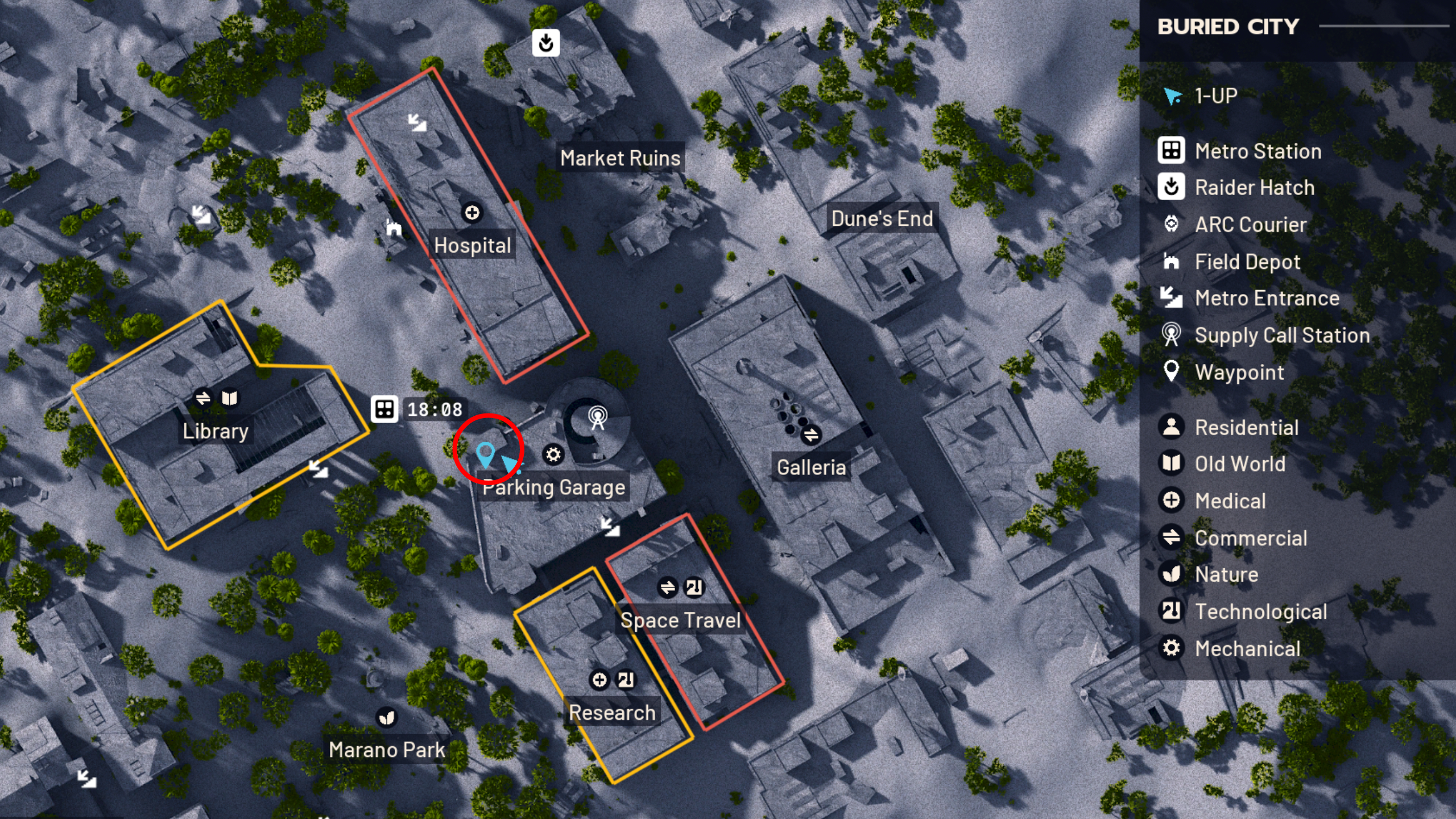 Arc Raiders Combat Recon: A map with a red circle highlighting the Parking Garage area in the Buried City.