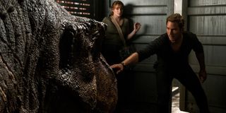 Jurassic World: Fallen Kingdom Bryce Dallas Howard and Chris Pratt cautiously approach the T-Rex