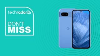 Google Pixel 8a in blue on teal background with don't miss text overlay