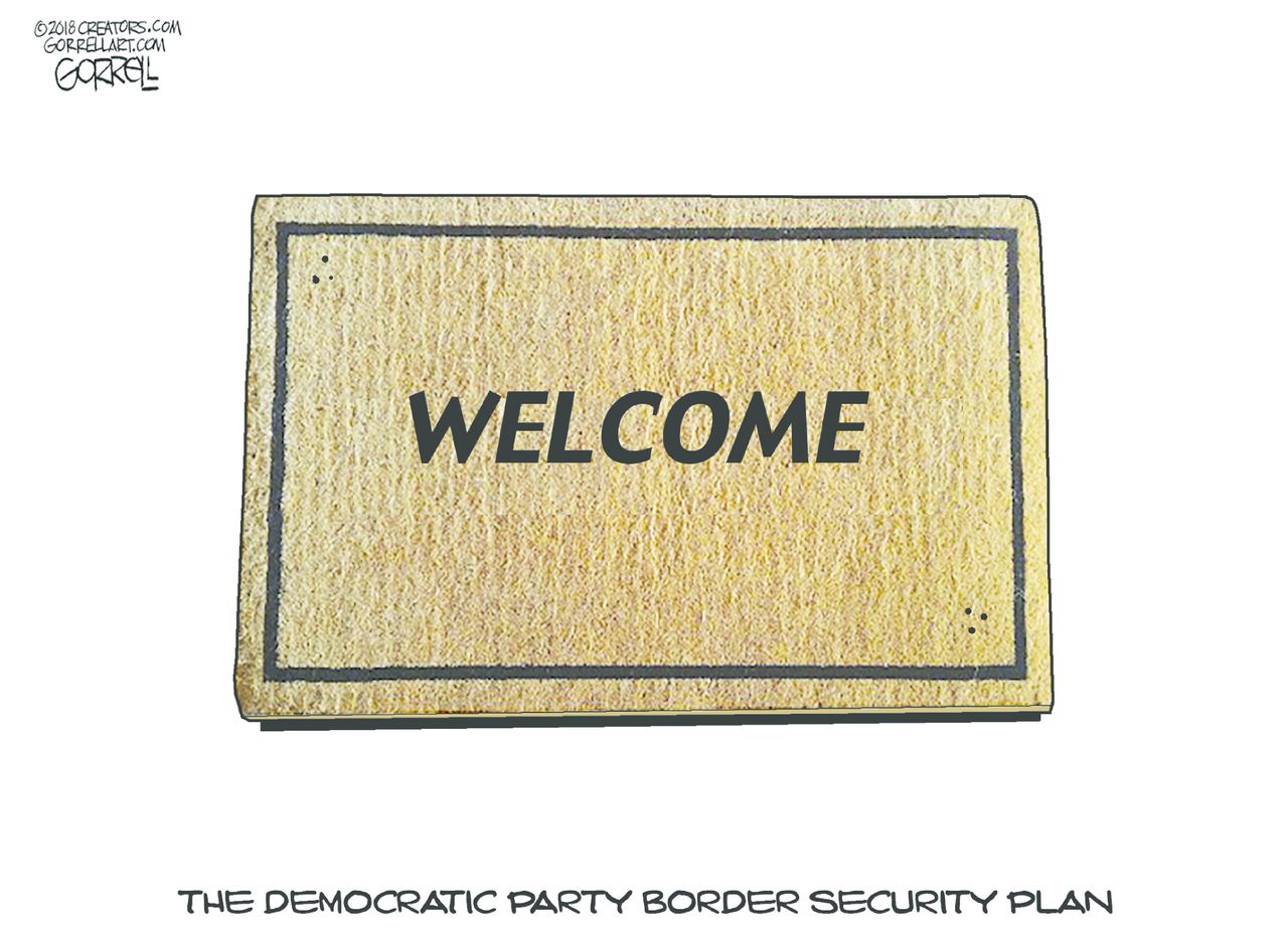 Political cartoon U.S. welcome mat Democratic party border security plan